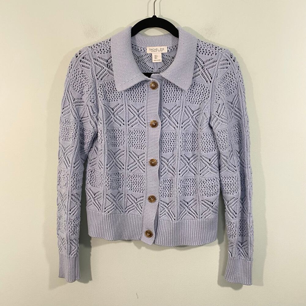 Rachel Zoe Women Blue Eyelet Knit Long Sleeve Collared Button Up Cardigan Size S